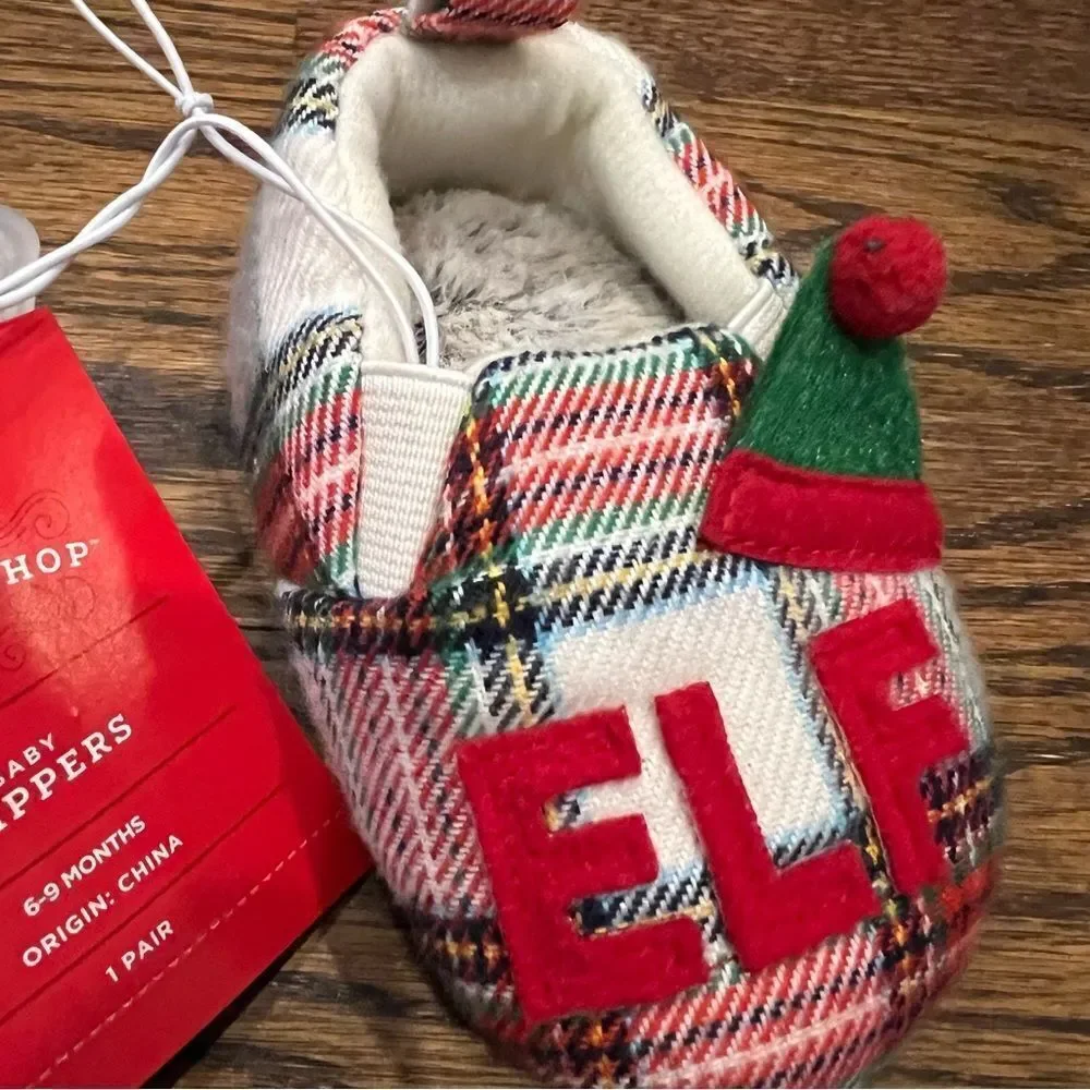 🍭6/$30 New Baby Elf Faux Fur Lined Plaid Christmas Holiday Slippers 6-9 m